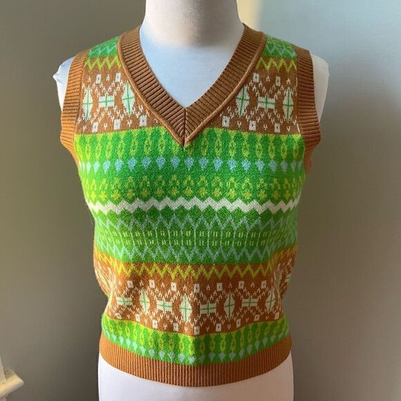 Awesome 70’s Vibe VNeck- Great Colors! Medium. Like New! Sweatervest. Goblincore - Picture 2 of 8